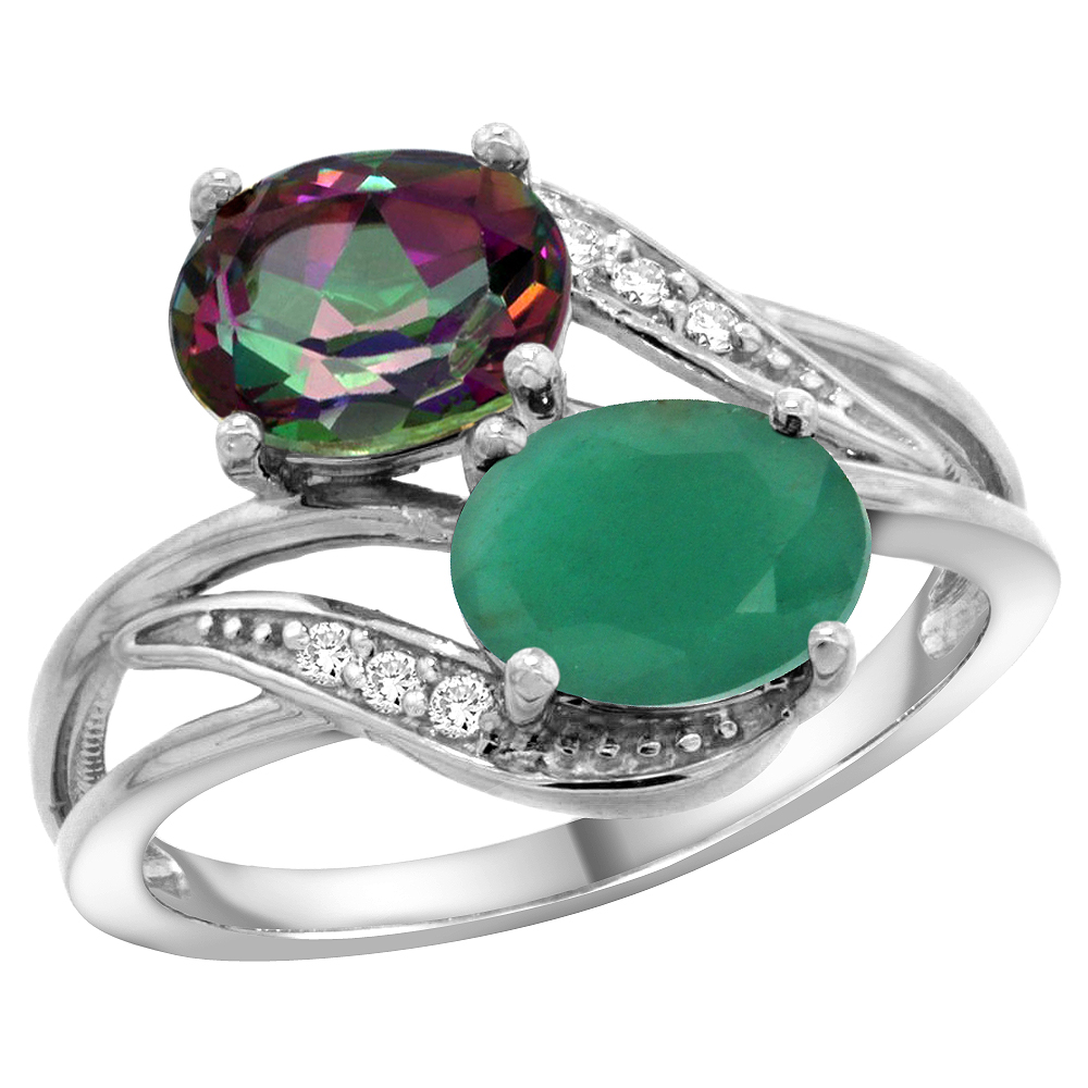 14K White Gold Diamond Natural Mystic Topaz &amp; Quality Emerald 2-stone Mothers Ring Oval 8x6mm, size5 - 10