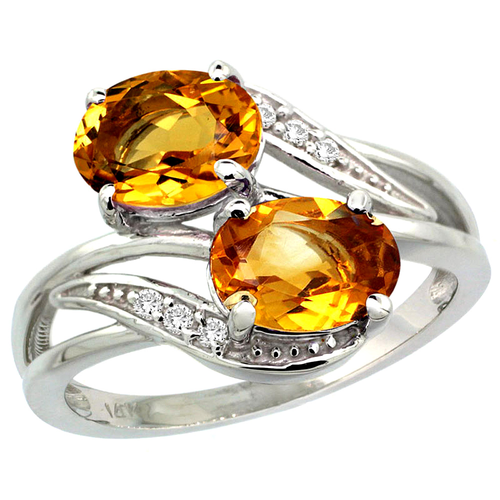 14K WHITE GOLD DIAMOND NATURAL CITRINE 2-STONE RING OVAL 8X6MM, SIZES 5 - 10