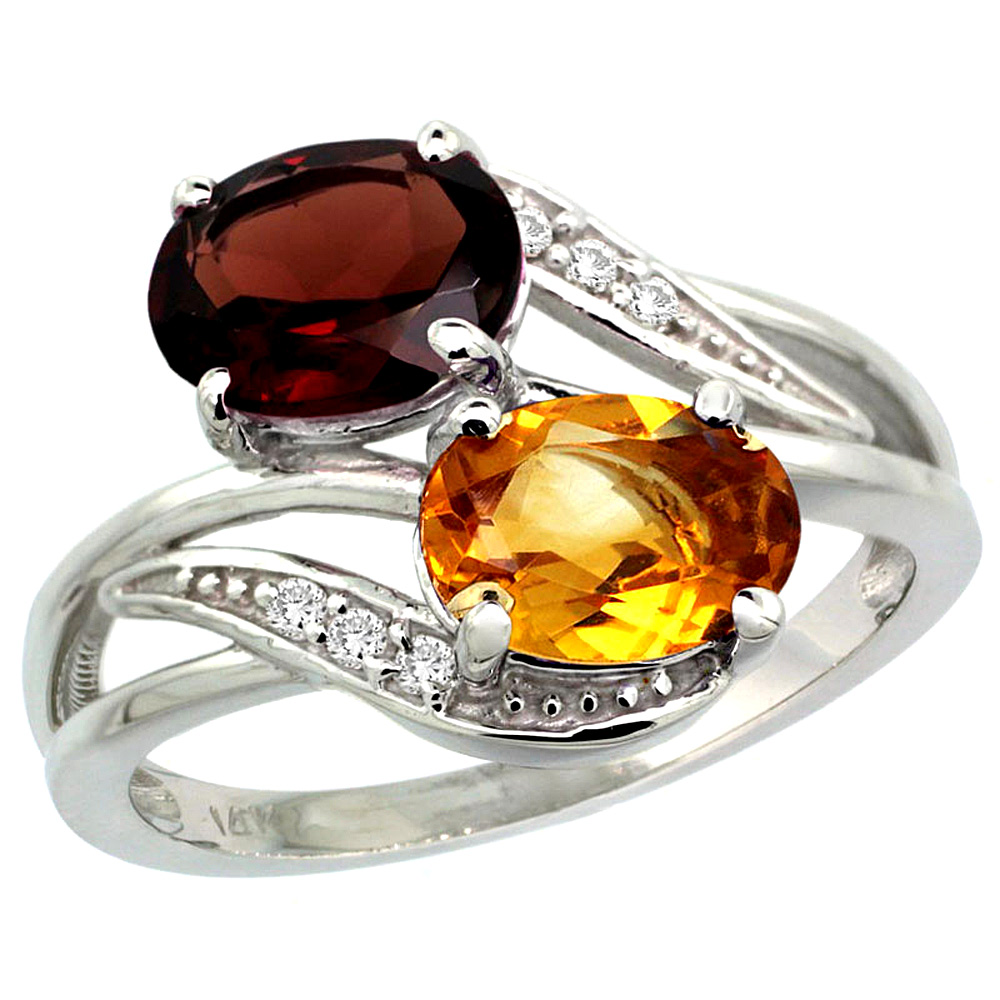 14K WHITE GOLD DIAMOND NATURAL CITRINE & GARNET 2-STONE RING OVAL 8X6MM, SIZES 5 - 10