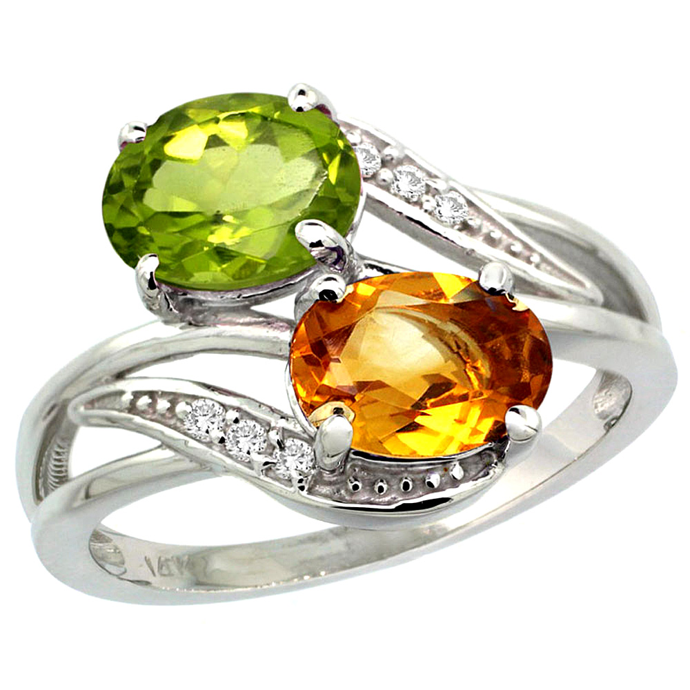 14K WHITE GOLD DIAMOND NATURAL CITRINE & PERIDOT 2-STONE RING OVAL 8X6MM, SIZES 5 - 10