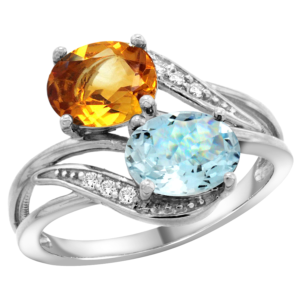 14K WHITE GOLD DIAMOND NATURAL CITRINE & AQUAMARINE 2-STONE RING OVAL 8X6MM, SIZES 5 - 10
