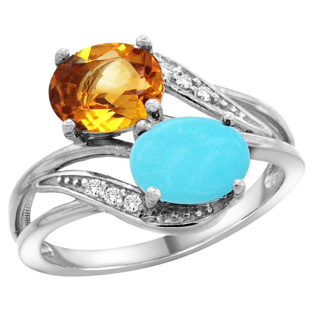 14K WHITE GOLD DIAMOND NATURAL CITRINE & TURQUOISE 2-STONE RING OVAL 8X6MM, SIZES 5 - 10