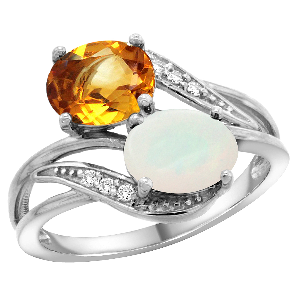 14K WHITE GOLD DIAMOND NATURAL CITRINE & OPAL 2-STONE RING OVAL 8X6MM, SIZES 5 - 10