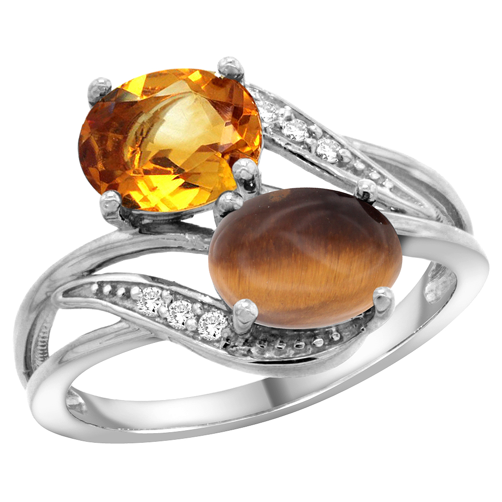 14K WHITE GOLD DIAMOND NATURAL CITRINE & TIGER EYE 2-STONE RING OVAL 8X6MM, SIZES 5 - 10