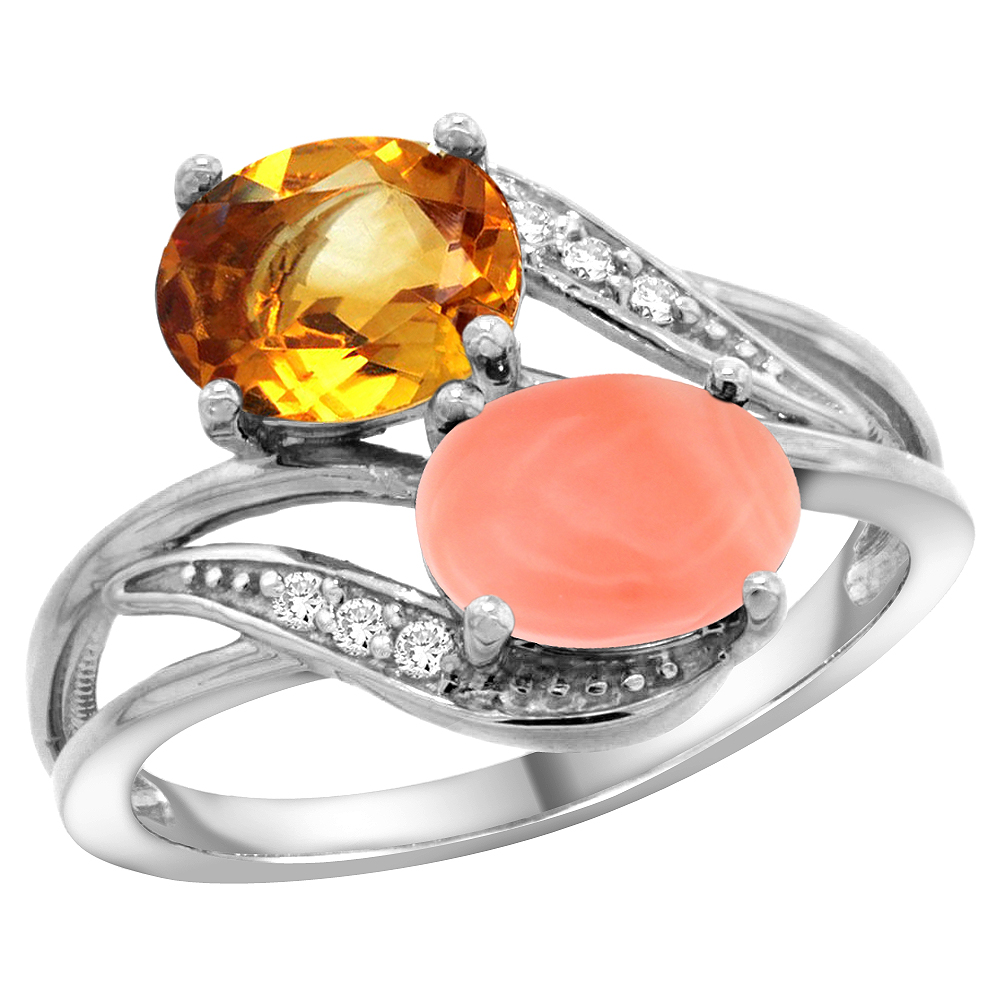 14K WHITE GOLD DIAMOND NATURAL CITRINE & CORAL 2-STONE RING OVAL 8X6MM, SIZES 5 - 10