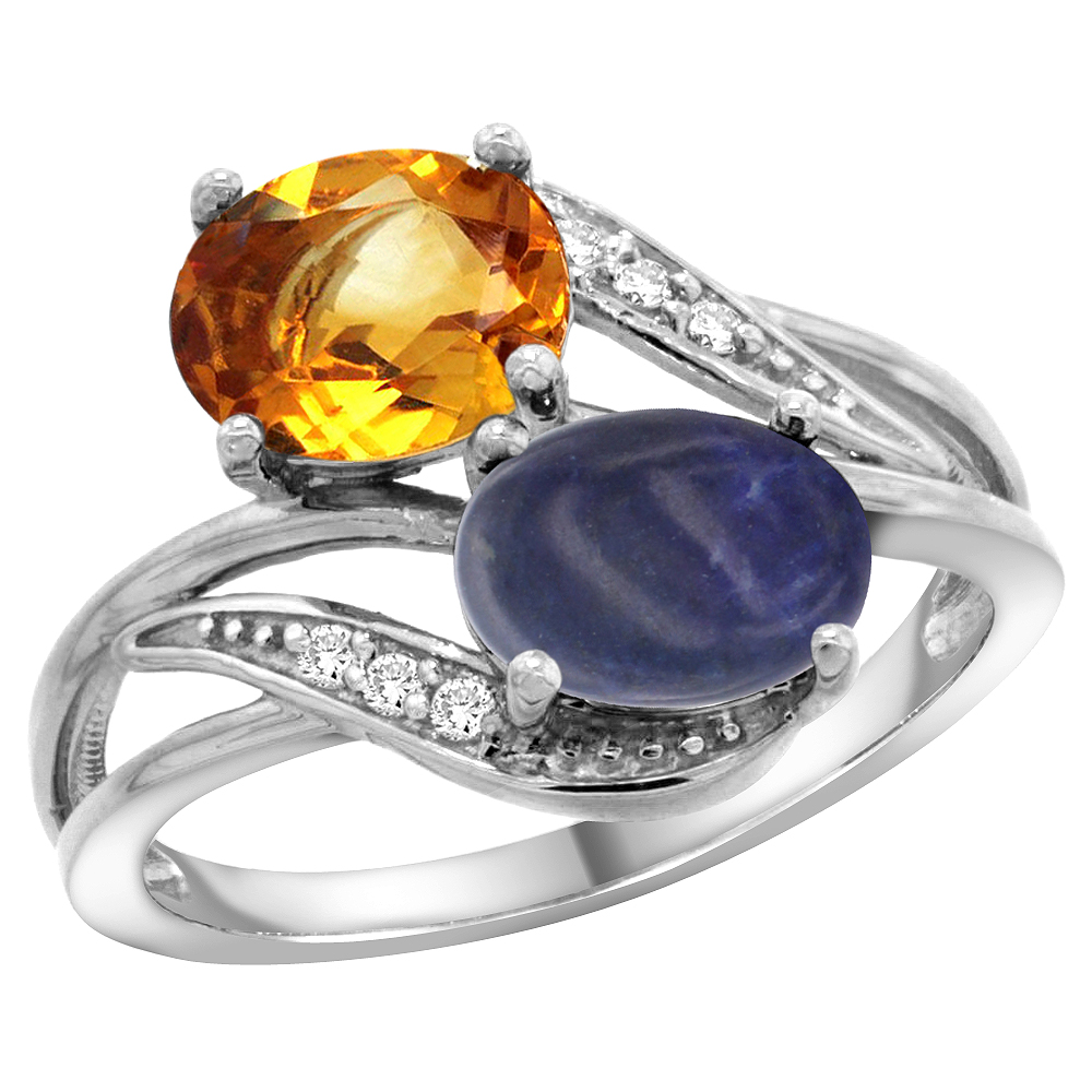 14K WHITE GOLD DIAMOND NATURAL CITRINE & LAPIS 2-STONE RING OVAL 8X6MM, SIZES 5 - 10