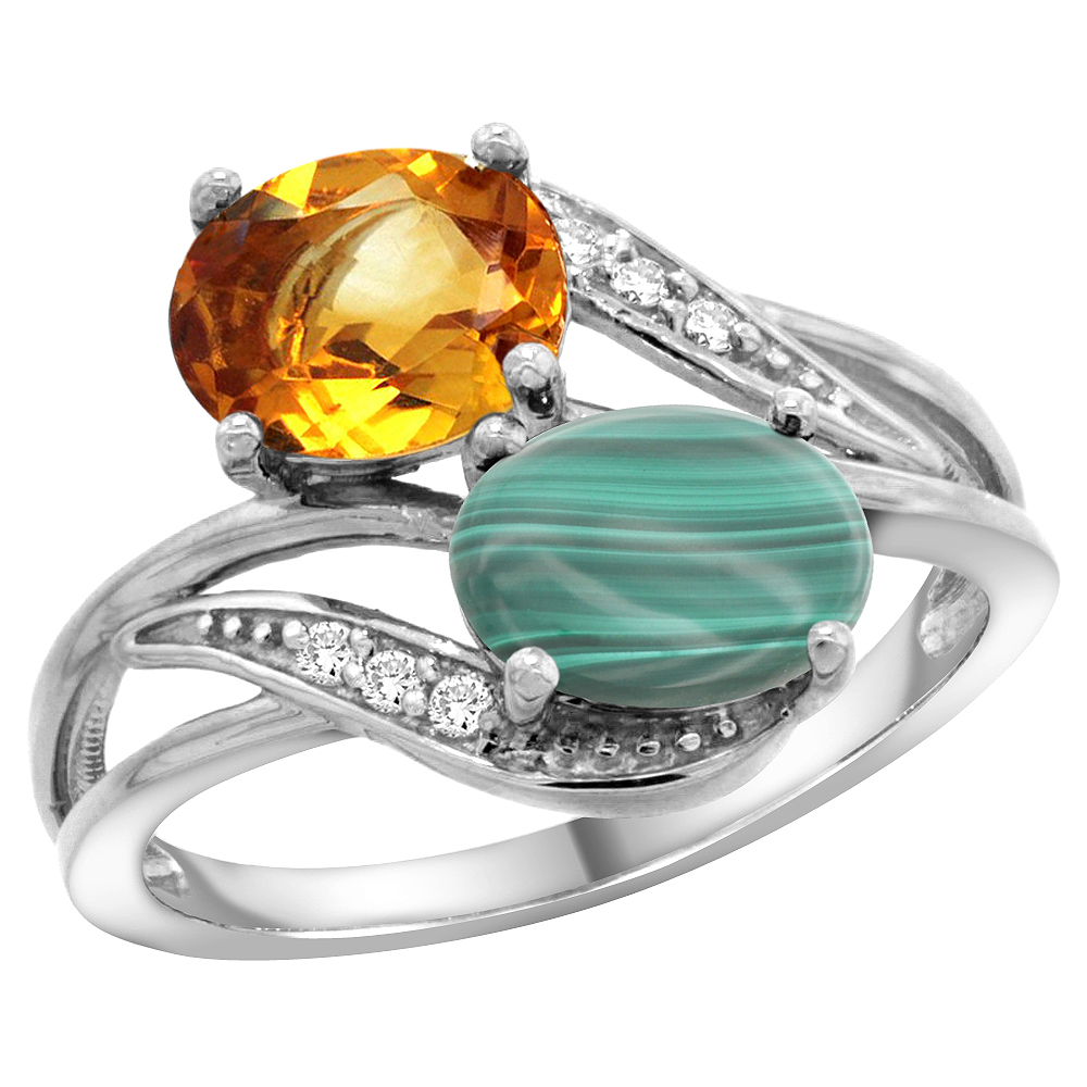14K WHITE GOLD DIAMOND NATURAL CITRINE & MALACHITE 2-STONE RING OVAL 8X6MM, SIZES 5 - 10
