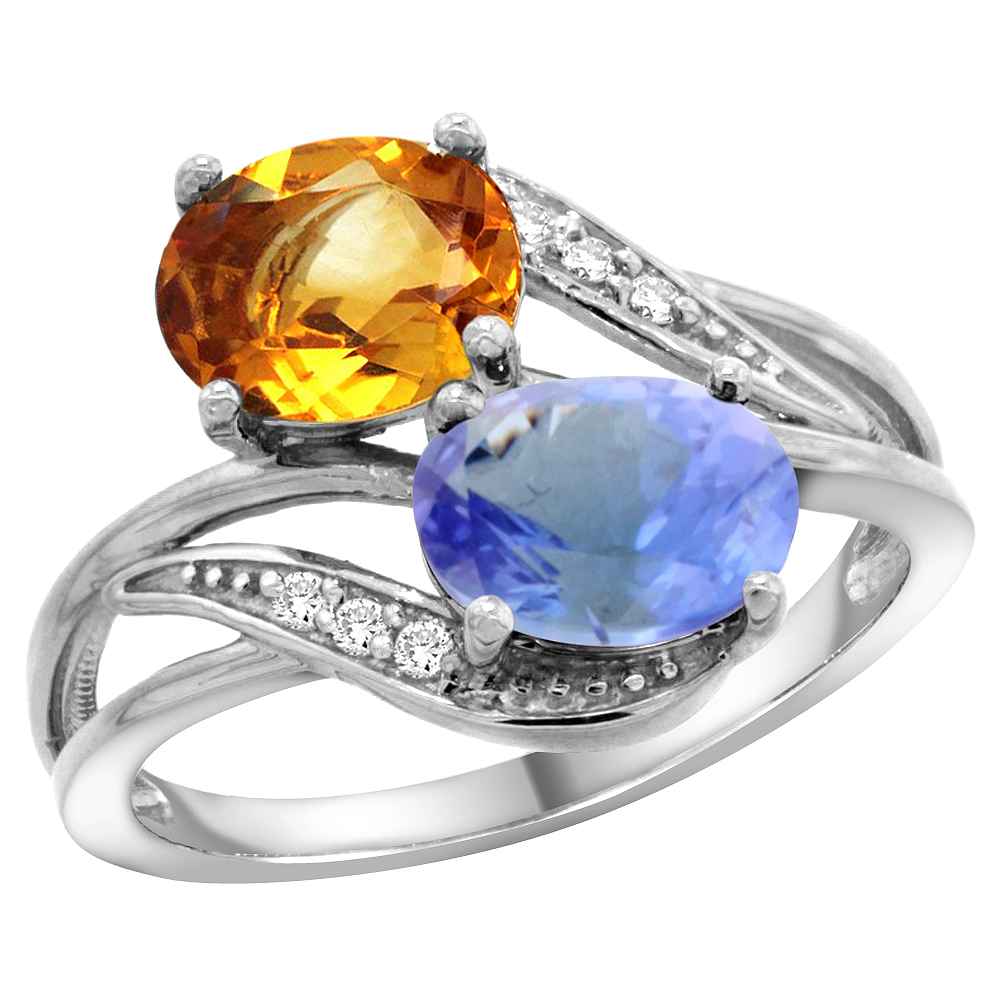 14K WHITE GOLD DIAMOND NATURAL CITRINE & TANZANITE 2-STONE RING OVAL 8X6MM, SIZES 5 - 10