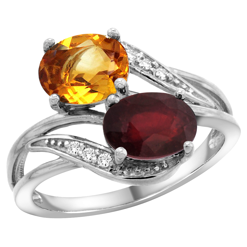 14K White Gold Diamond Natural Citrine &amp; Quality Ruby 2-stone Mothers Ring Oval 8x6mm, size 5 - 10