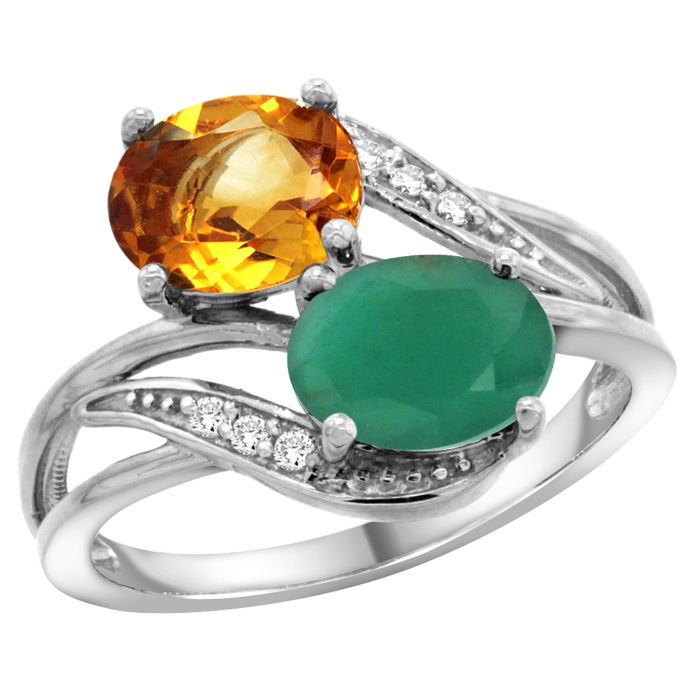 14K White Gold Diamond Natural Citrine & Quality Emerald 2-stone Mothers Ring Oval 8x6mm, size 5 - 10