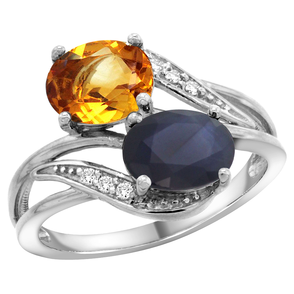 14K White Gold Diamond Natural Citrine &amp; Quality Blue Sapphire 2-stone Mothers Ring Oval 8x6mm, sz 5 - 10