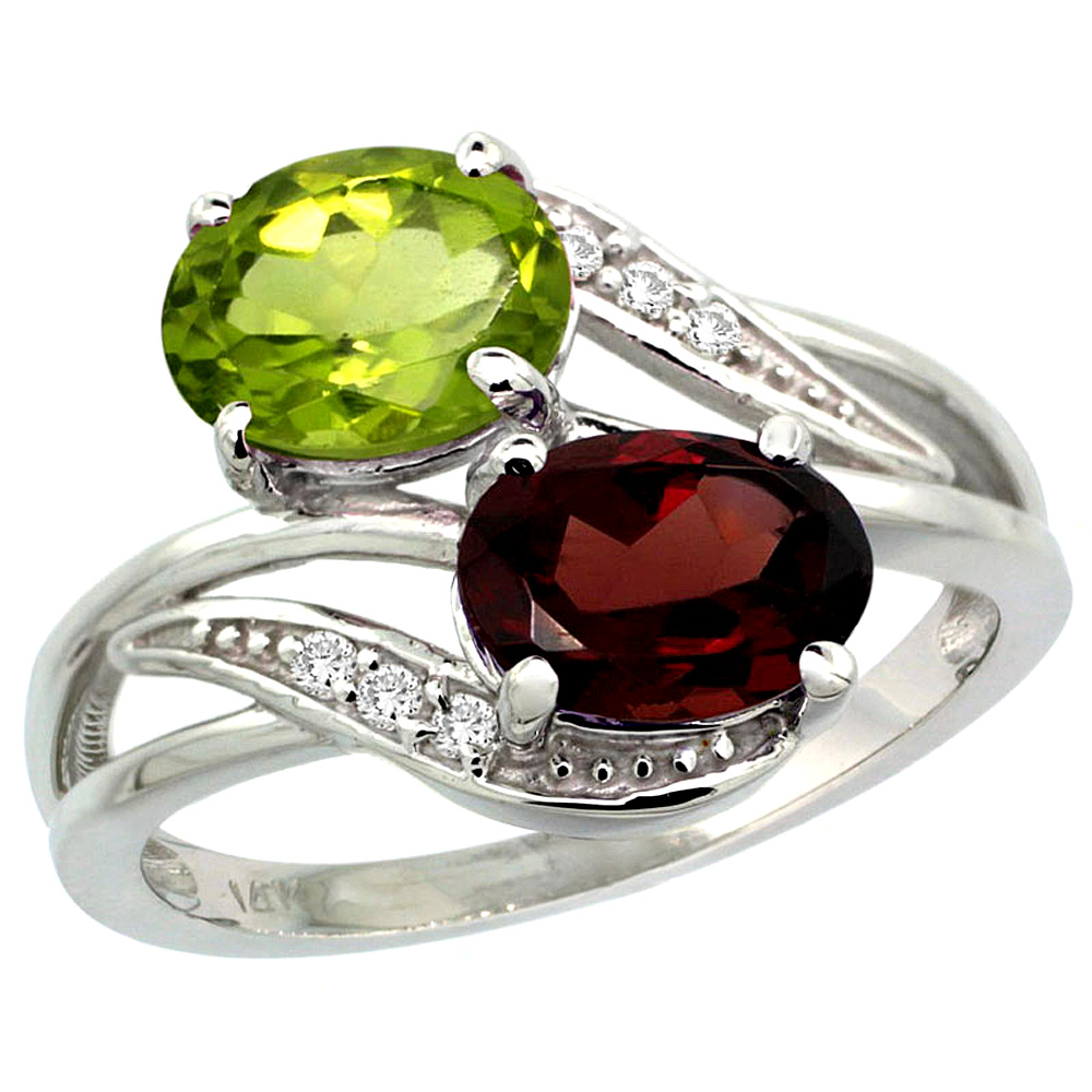 14K WHITE GOLD DIAMOND NATURAL GARNET & PERIDOT 2-STONE RING OVAL 8X6MM, SIZES 5 - 10
