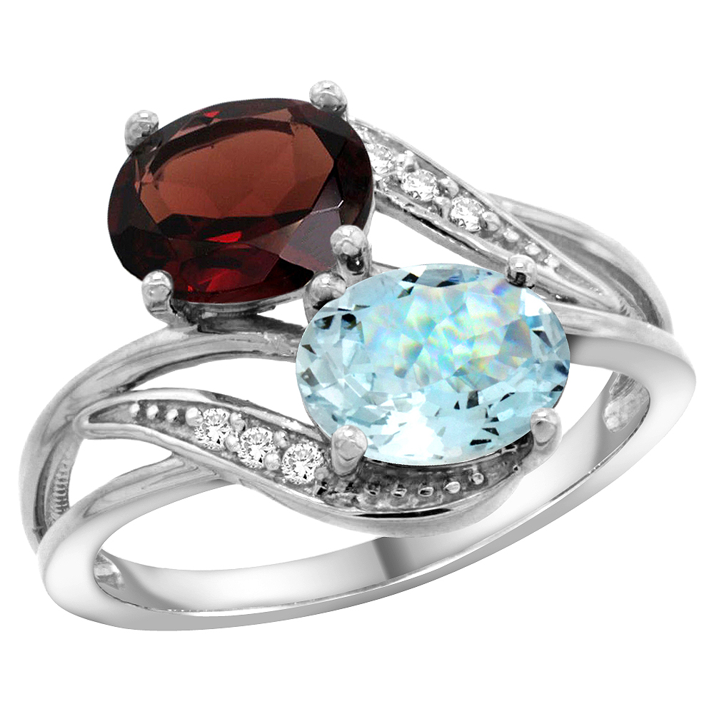 14K WHITE GOLD DIAMOND NATURAL GARNET & AQUAMARINE 2-STONE RING OVAL 8X6MM, SIZES 5 - 10