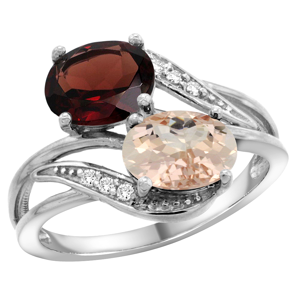 14K White Gold Diamond Natural Garnet &amp; Morganite 2-stone Ring Oval 8x6mm, sizes 5 - 10