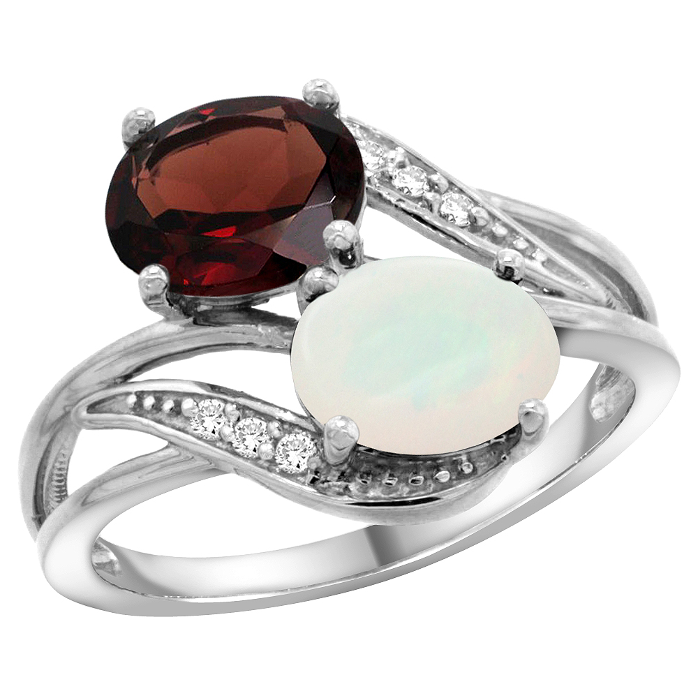 14K WHITE GOLD DIAMOND NATURAL GARNET & OPAL 2-STONE RING OVAL 8X6MM, SIZES 5 - 10