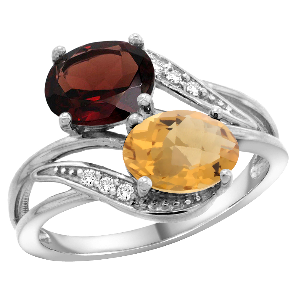 14K WHITE GOLD DIAMOND NATURAL GARNET & WHISKY QUARTZ 2-STONE RING OVAL 8X6MM, SIZES 5 - 10