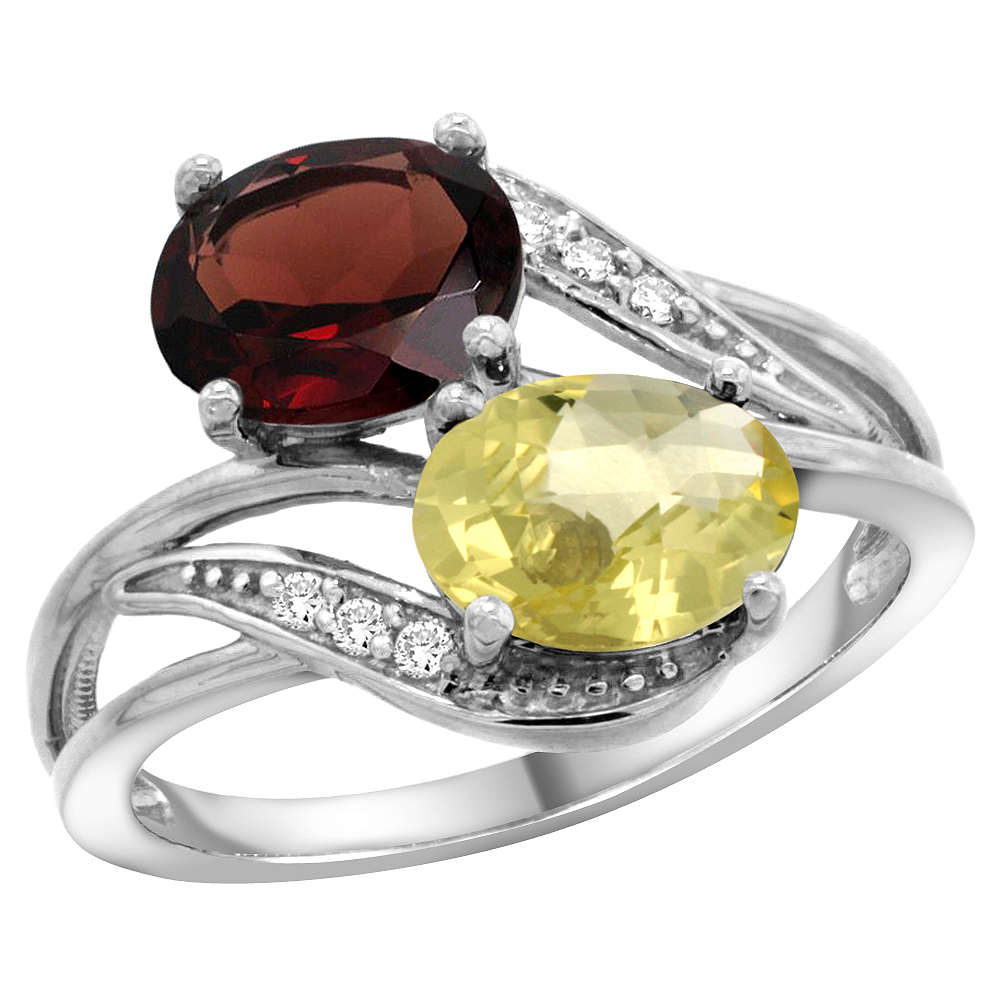 14K White Gold Diamond Natural Garnet &amp; Lemon Quartz 2-stone Ring Oval 8x6mm, sizes 5 - 10