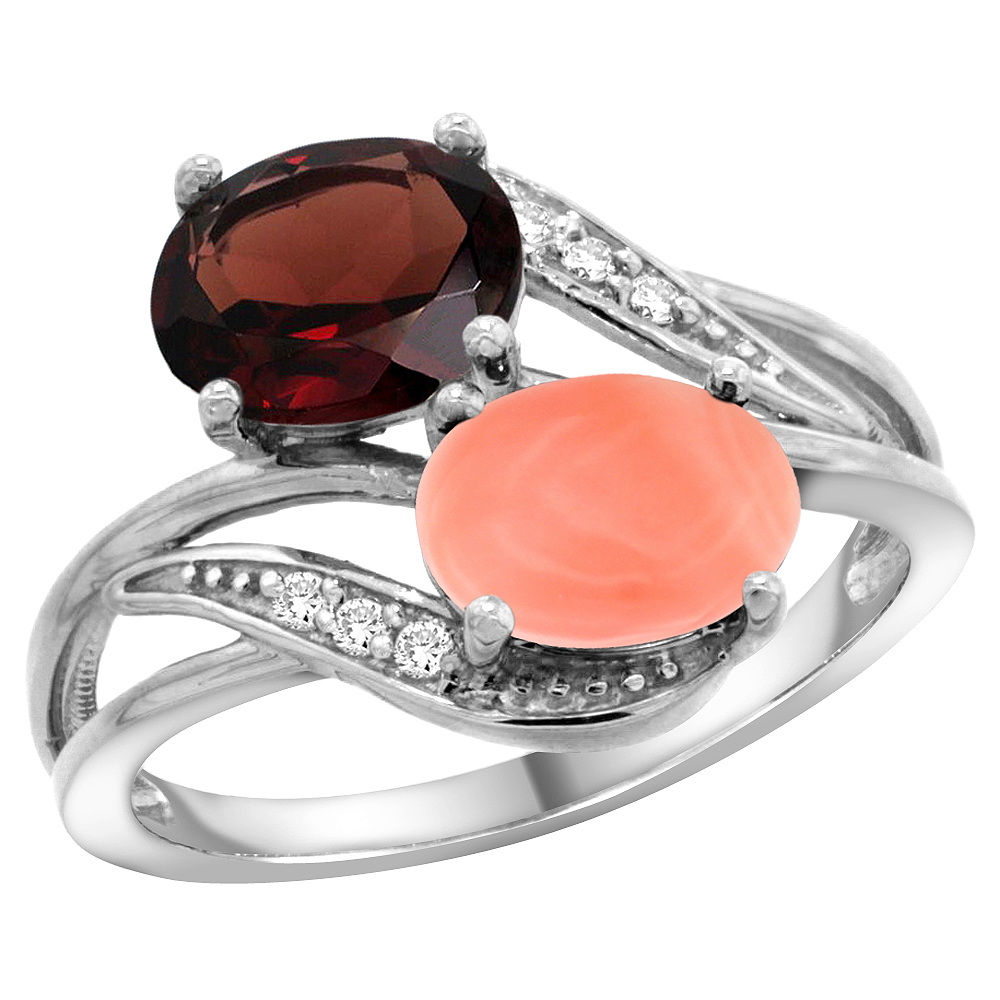 14K WHITE GOLD DIAMOND NATURAL GARNET & CORAL 2-STONE RING OVAL 8X6MM, SIZES 5 - 10
