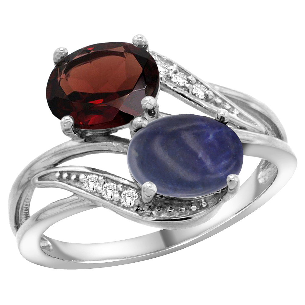14K WHITE GOLD DIAMOND NATURAL GARNET & LAPIS 2-STONE RING OVAL 8X6MM, SIZES 5 - 10