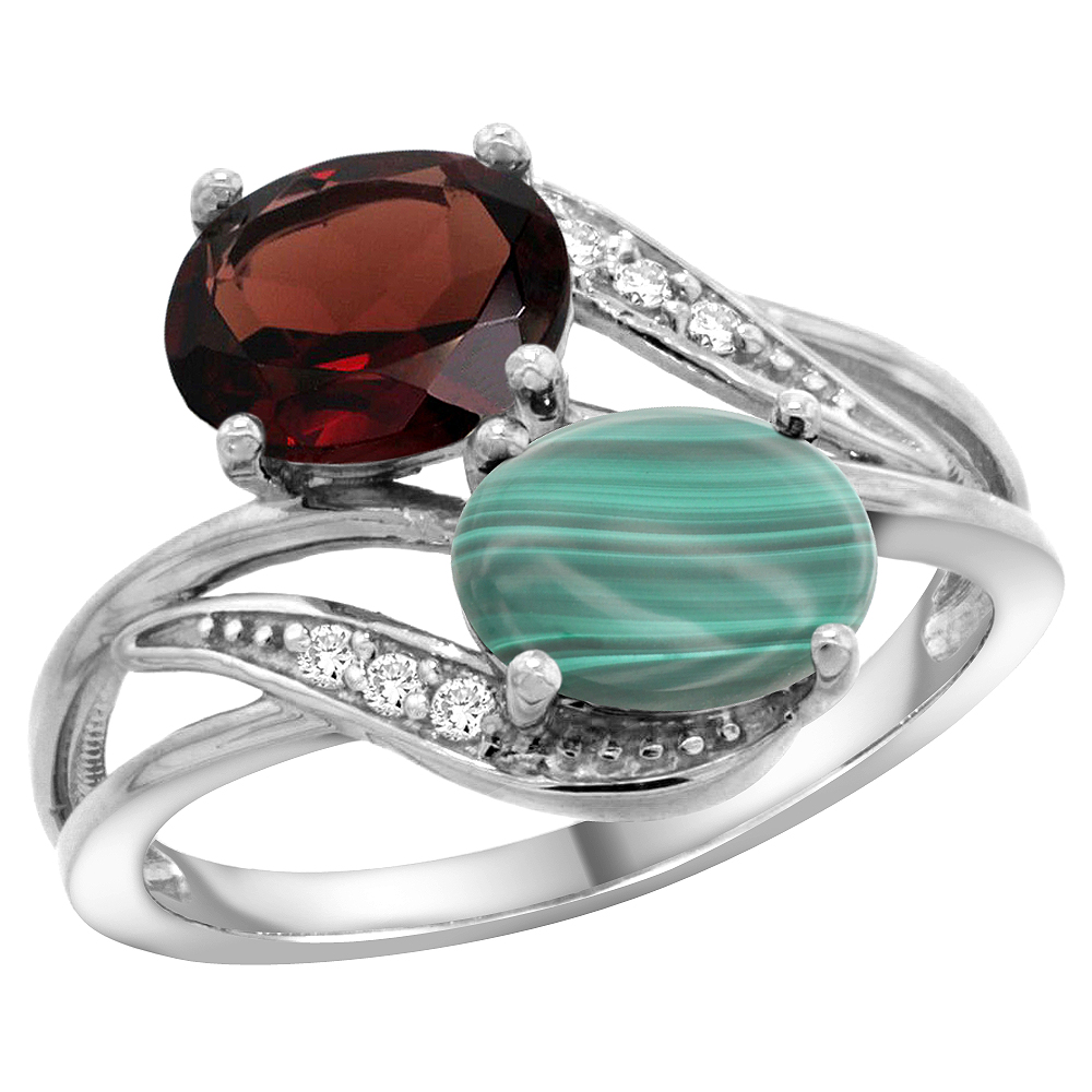 14K WHITE GOLD DIAMOND NATURAL GARNET & MALACHITE 2-STONE RING OVAL 8X6MM, SIZES 5 - 10