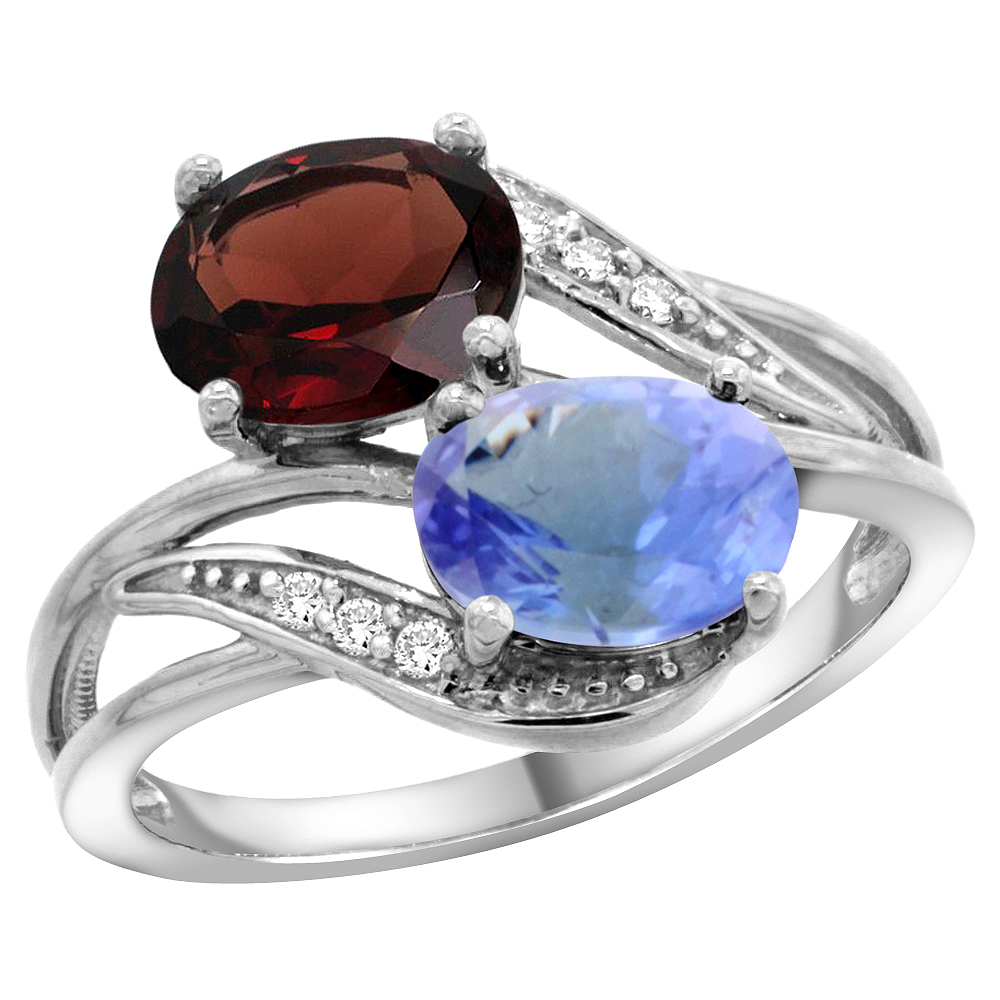 14K WHITE GOLD DIAMOND NATURAL GARNET & TANZANITE 2-STONE RING OVAL 8X6MM, SIZES 5 - 10