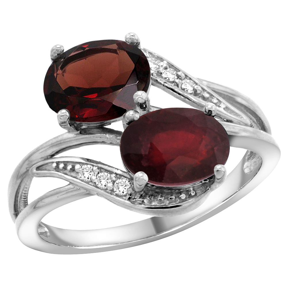 14K White Gold Diamond Natural Garnet &amp; Quality Ruby 2-stone Mothers Ring Oval 8x6mm, size 5 - 10