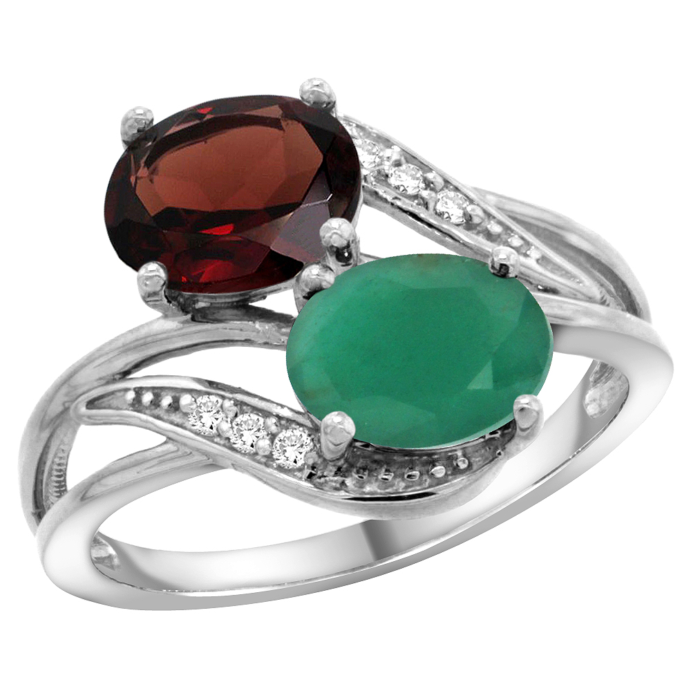 10K White Gold Diamond Natural Garnet & Quality Emerald 2-stone Mothers Ring Oval 8x6mm, size 5 - 10