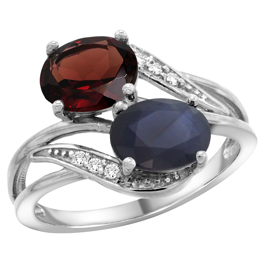 14K White Gold Diamond Natural Garnet &amp; Quality Blue Sapphire 2-stone Mothers Ring Oval 8x6mm, size5 - 10