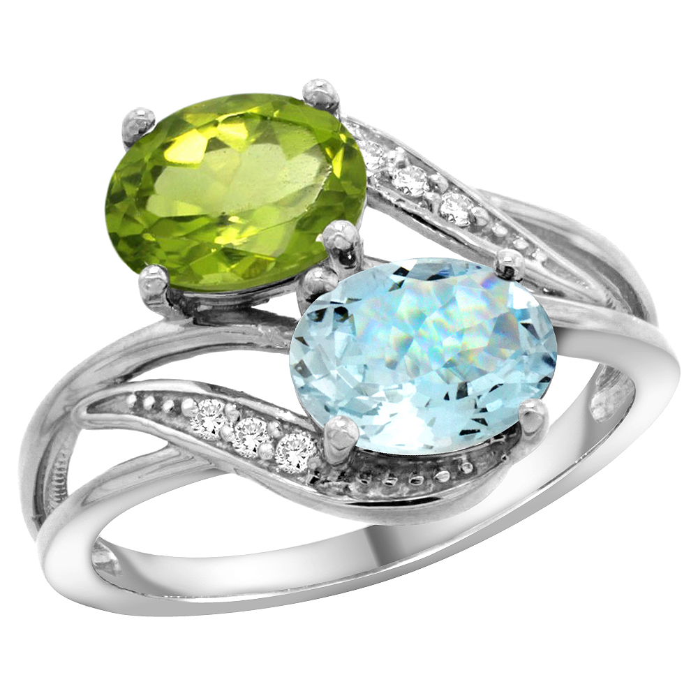 14K WHITE GOLD DIAMOND NATURAL PERIDOT & AQUAMARINE 2-STONE RING OVAL 8X6MM, SIZES 5 - 10