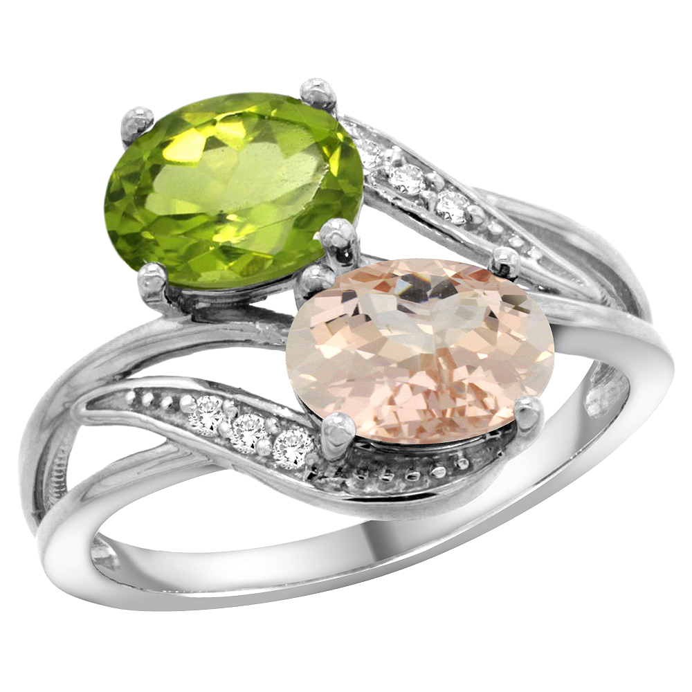 14K WHITE GOLD DIAMOND NATURAL PERIDOT & MORGANITE 2-STONE RING OVAL 8X6MM, SIZES 5 - 10