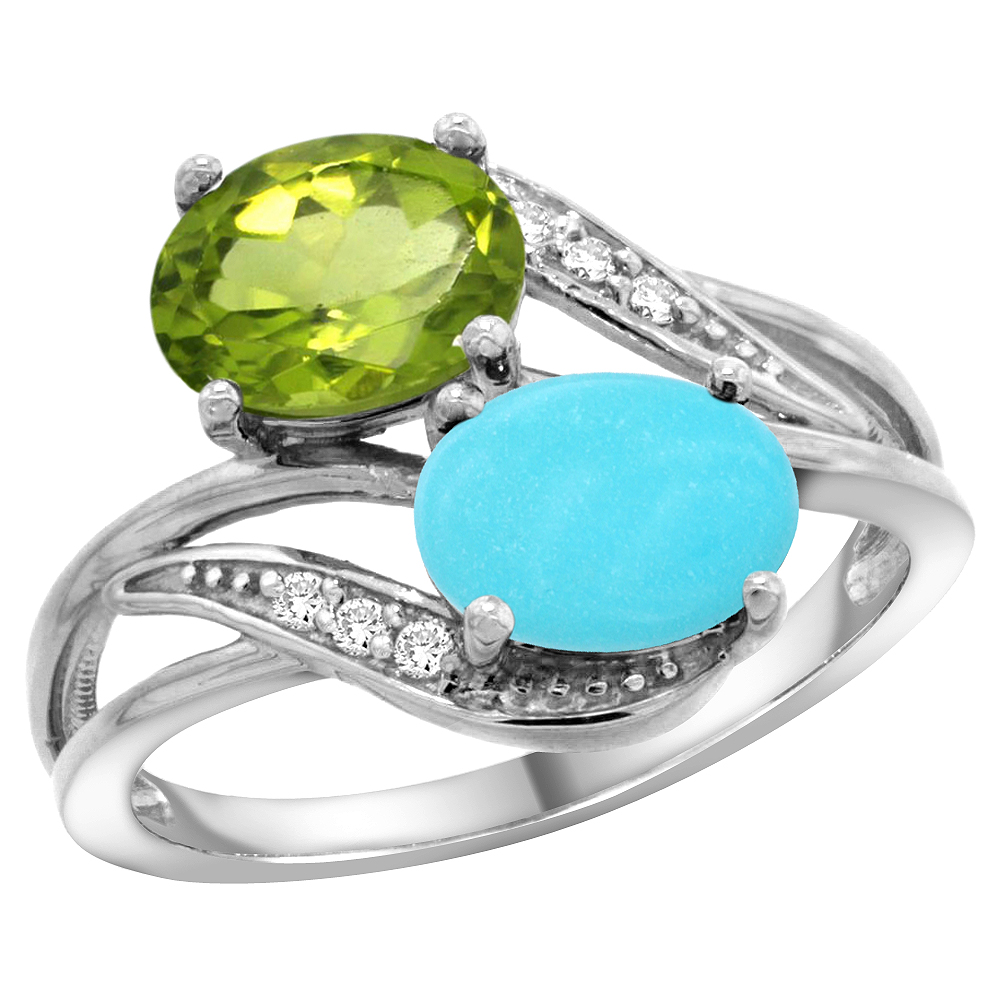 14K WHITE GOLD DIAMOND NATURAL PERIDOT & TURQUOISE 2-STONE RING OVAL 8X6MM, SIZES 5 - 10