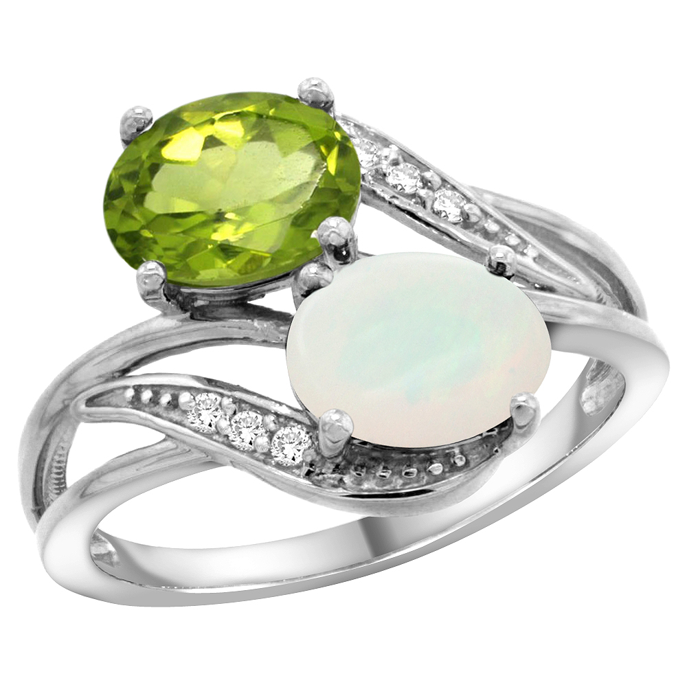 14K WHITE GOLD DIAMOND NATURAL PERIDOT & OPAL 2-STONE RING OVAL 8X6MM, SIZES 5 - 10