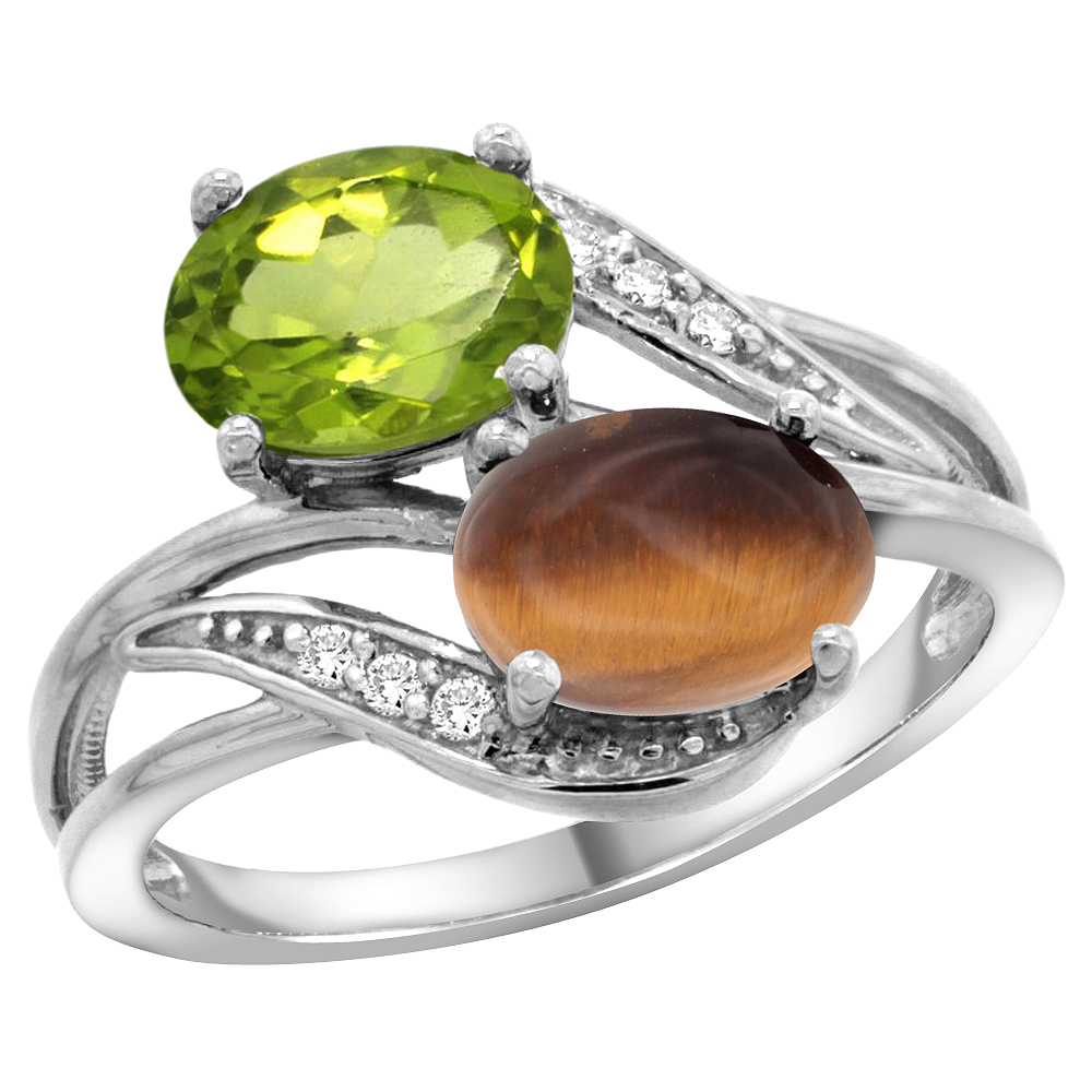 14K WHITE GOLD DIAMOND NATURAL PERIDOT & TIGER EYE 2-STONE RING OVAL 8X6MM, SIZES 5 - 10