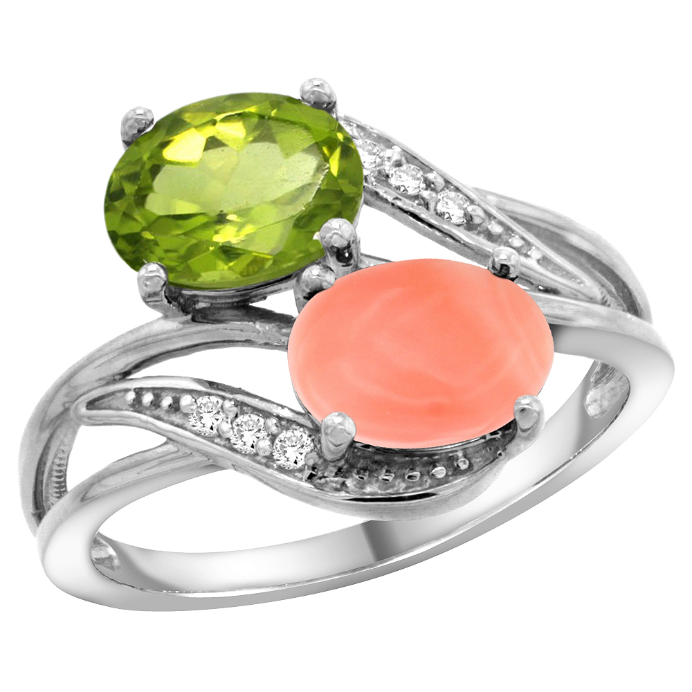 14K White Gold Diamond Natural Peridot &amp; Coral 2-stone Ring Oval 8x6mm, sizes 5 - 10
