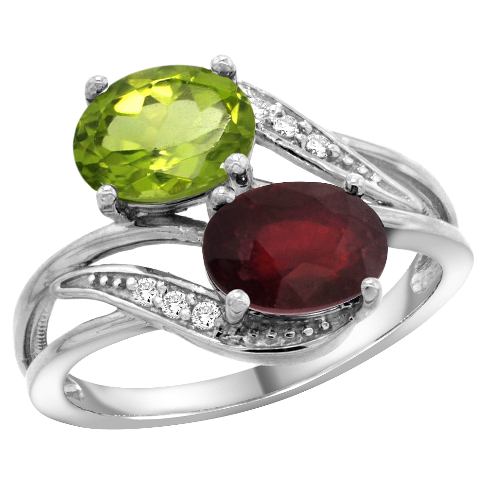 14K White Gold Diamond Natural Peridot &amp; Quality Ruby 2-stone Mothers Ring Oval 8x6mm, size 5 - 10