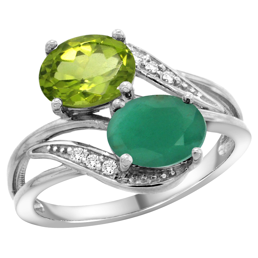 14K White Gold Diamond Natural Peridot & Quality Emerald 2-stone Mothers Ring Oval 8x6mm, size 5 - 10