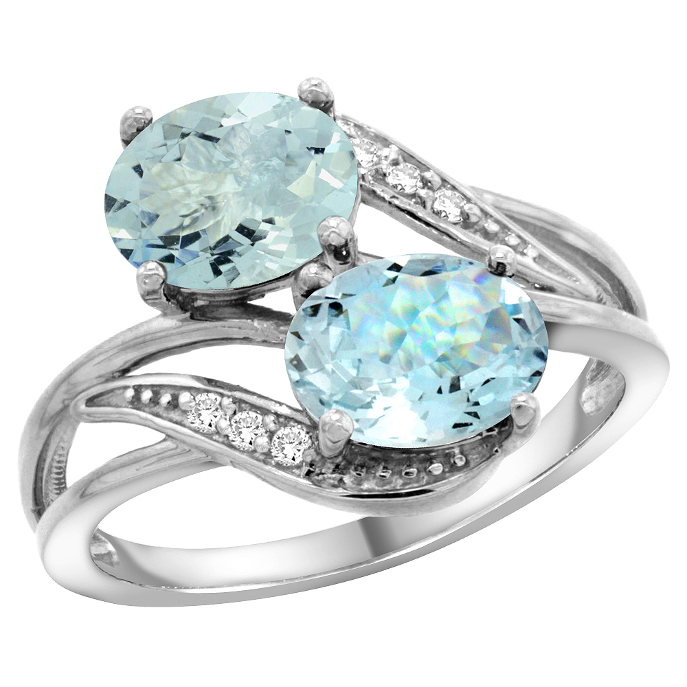 14K WHITE GOLD DIAMOND NATURAL AQUAMARINE 2-STONE RING OVAL 8X6MM, SIZES 5 - 10