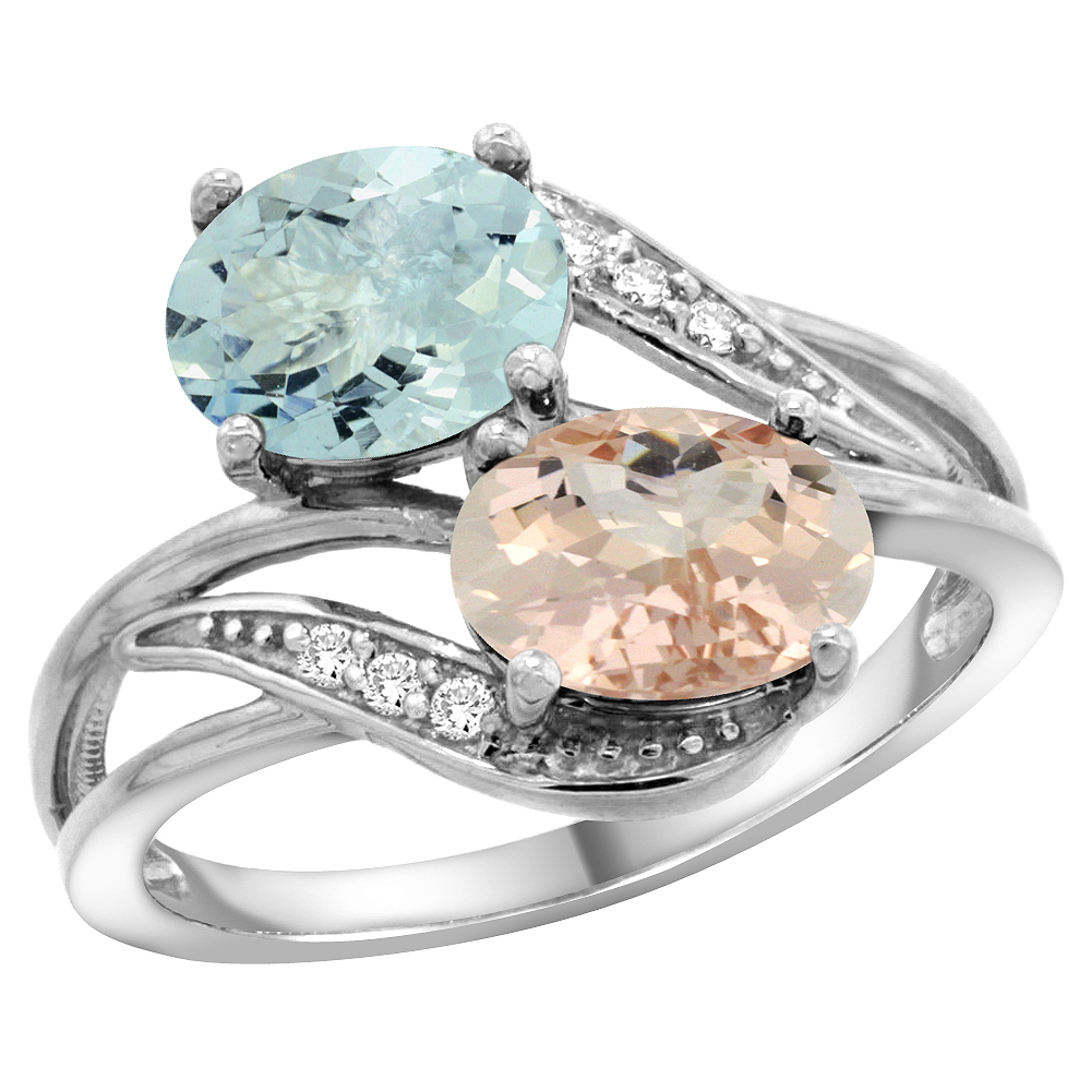 14K WHITE GOLD DIAMOND NATURAL AQUAMARINE & MORGANITE 2-STONE RING OVAL 8X6MM, SIZES 5 - 10