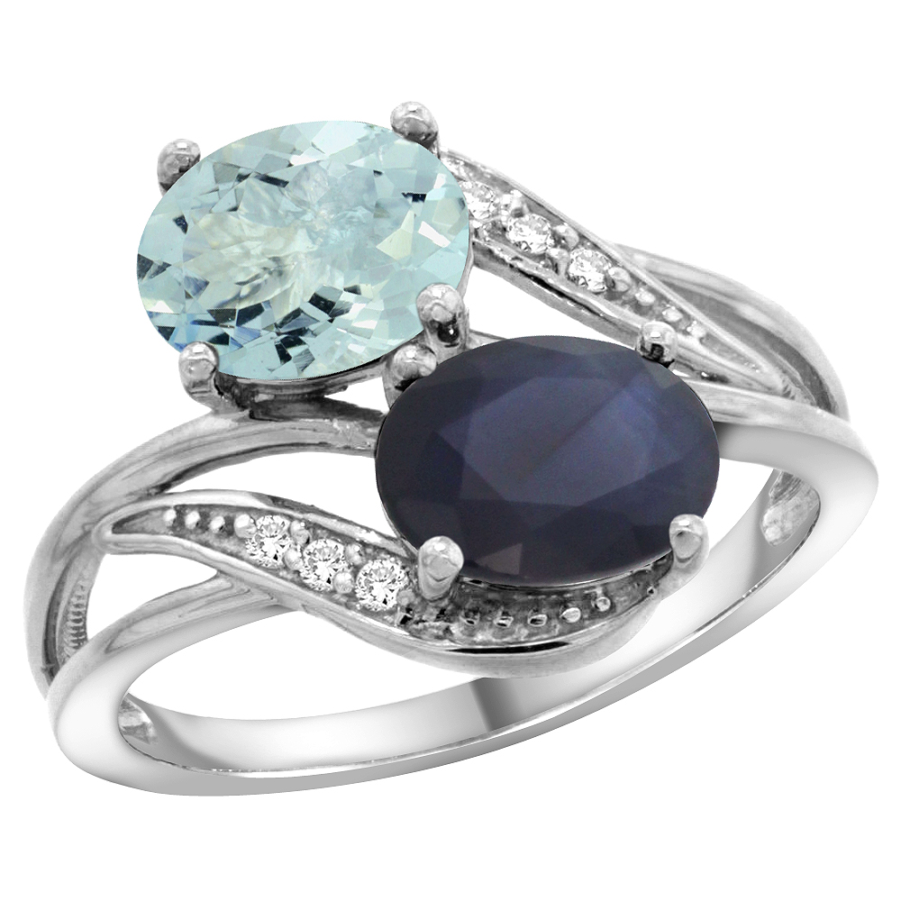 10K White Gold Diamond Natural Aquamarine &amp; Blue Sapphire 2-stone Ring Oval 8x6mm, sizes 5 - 10
