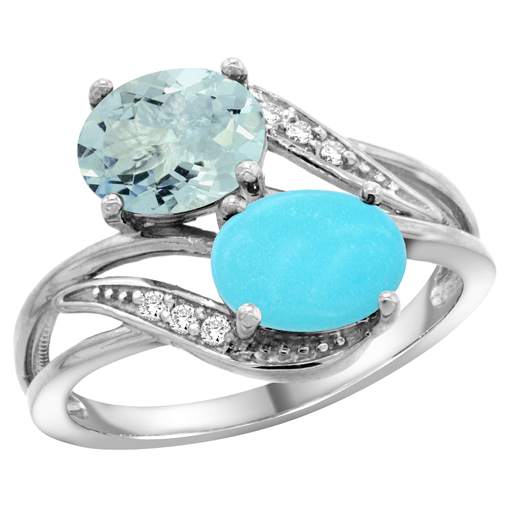 10K White Gold Diamond Natural Aquamarine &amp; Turquoise 2-stone Ring Oval 8x6mm, sizes 5 - 10