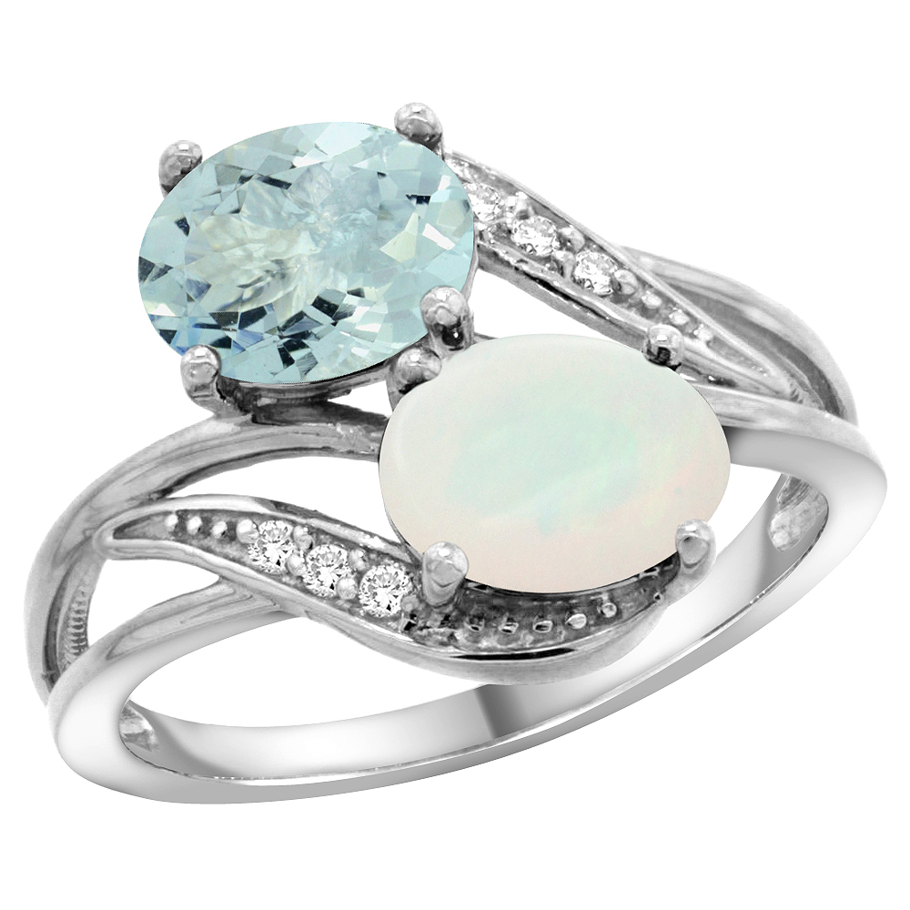 10K White Gold Diamond Natural Aquamarine &amp; Opal 2-stone Ring Oval 8x6mm, sizes 5 - 10