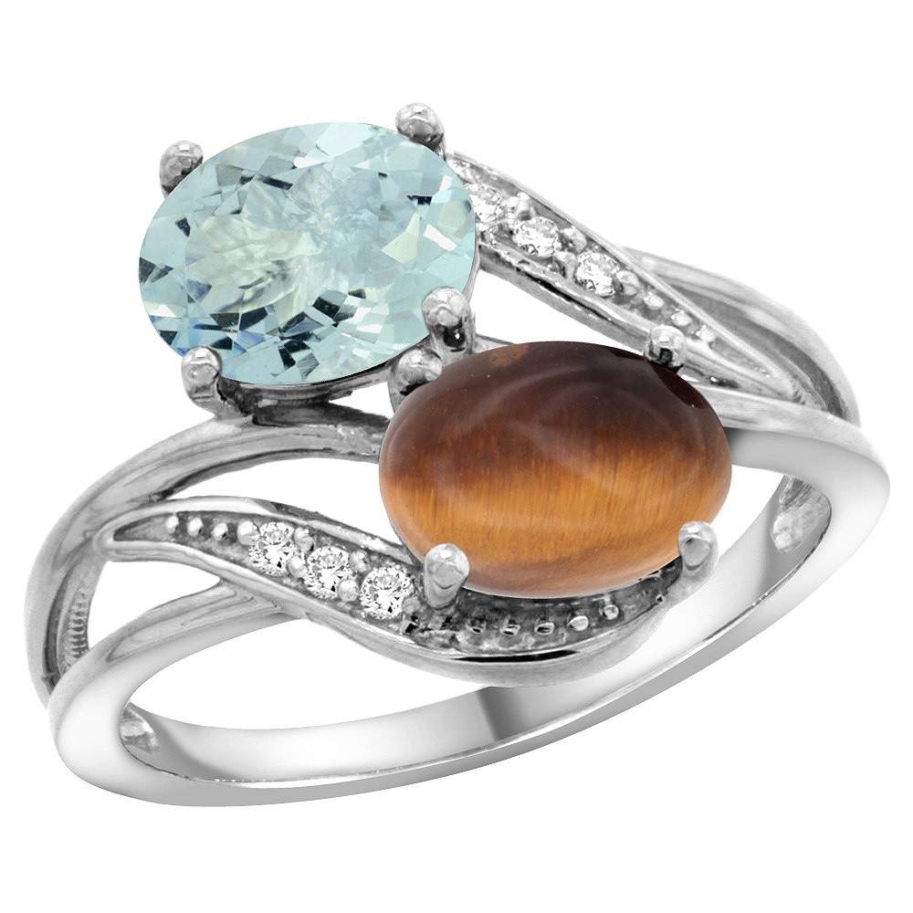 14K WHITE GOLD DIAMOND NATURAL AQUAMARINE & TIGER EYE 2-STONE RING OVAL 8X6MM, SIZES 5 - 10