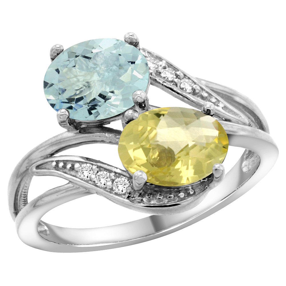 14K White Gold Diamond Natural Aquamarine &amp; Lemon Quartz 2-stone Ring Oval 8x6mm, sizes 5 - 10