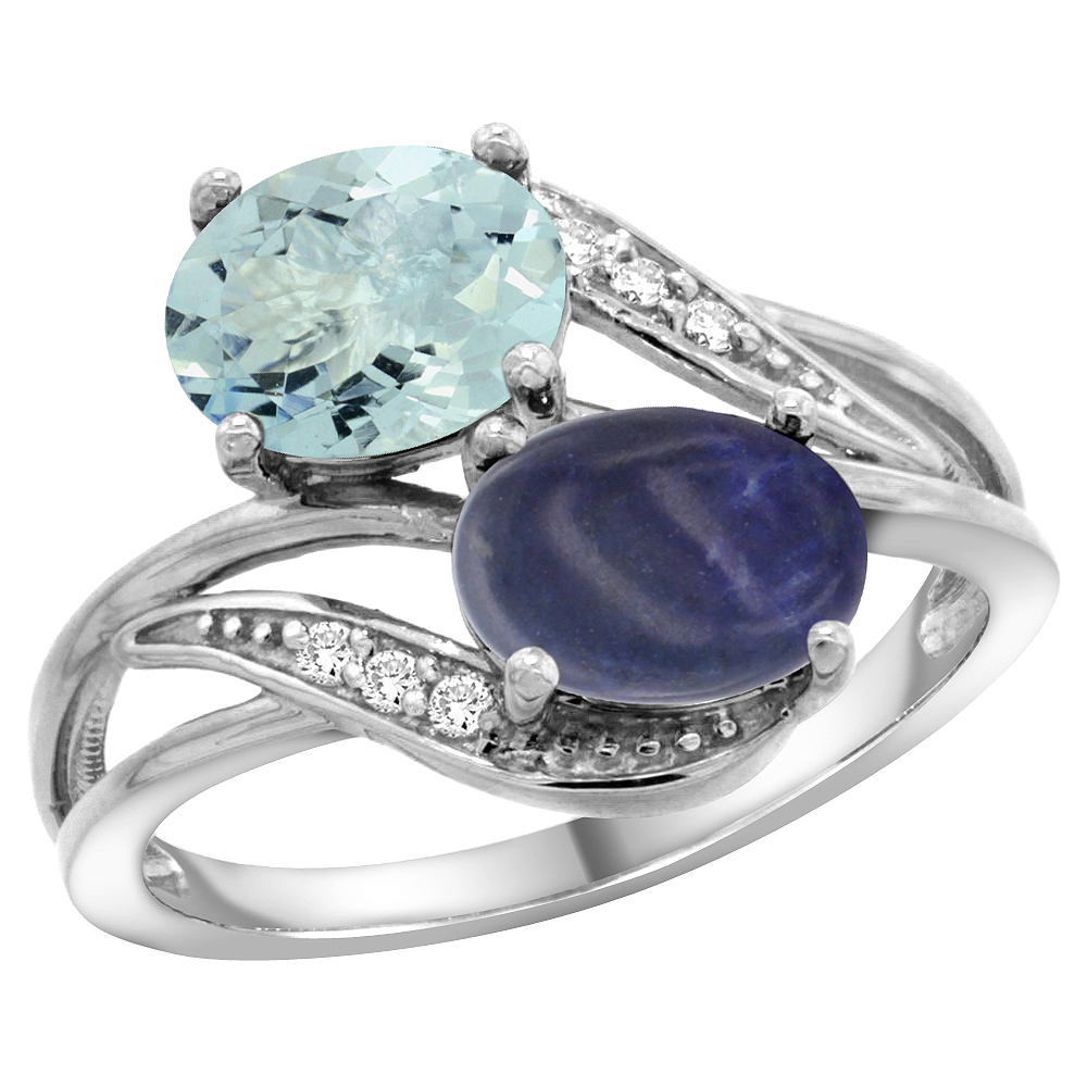14K WHITE GOLD DIAMOND NATURAL AQUAMARINE & LAPIS 2-STONE RING OVAL 8X6MM, SIZES 5 - 10