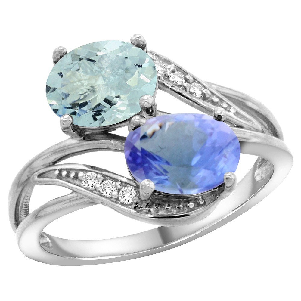 14K WHITE GOLD DIAMOND NATURAL AQUAMARINE & TANZANITE 2-STONE RING OVAL 8X6MM, SIZES 5 - 10