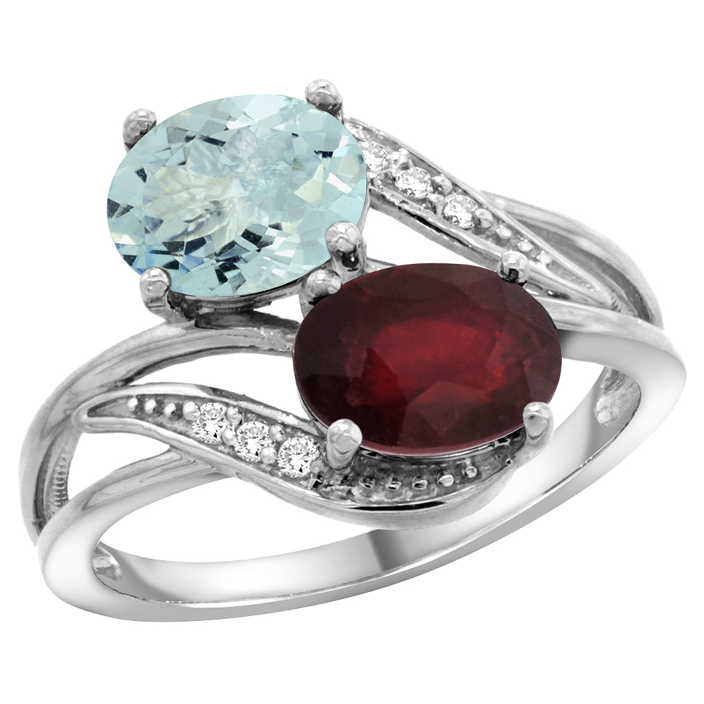 14K White Gold Diamond Natural Aquamarine & Quality Ruby 2-stone Mothers Ring Oval 8x6mm, size 5 - 10