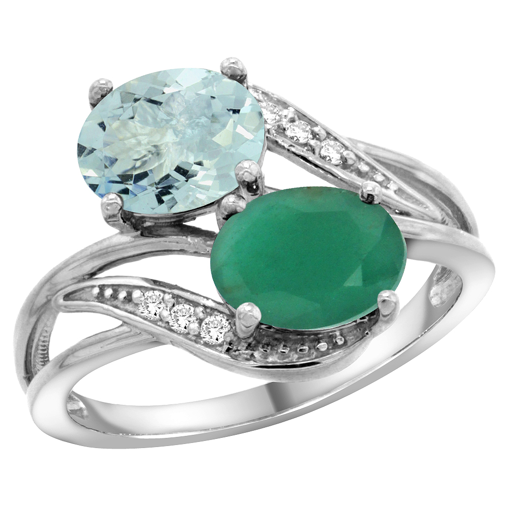 14K White Gold Diamond Natural Aquamarine &amp; Quality Emerald 2-stone Mothers Ring Oval 8x6mm, size 5 - 10