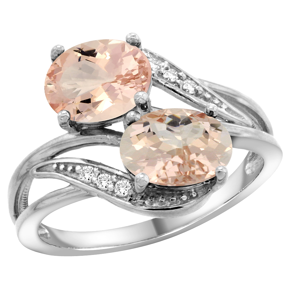 14K WHITE GOLD DIAMOND NATURAL MORGANITE 2-STONE RING OVAL 8X6MM, SIZES 5 - 10