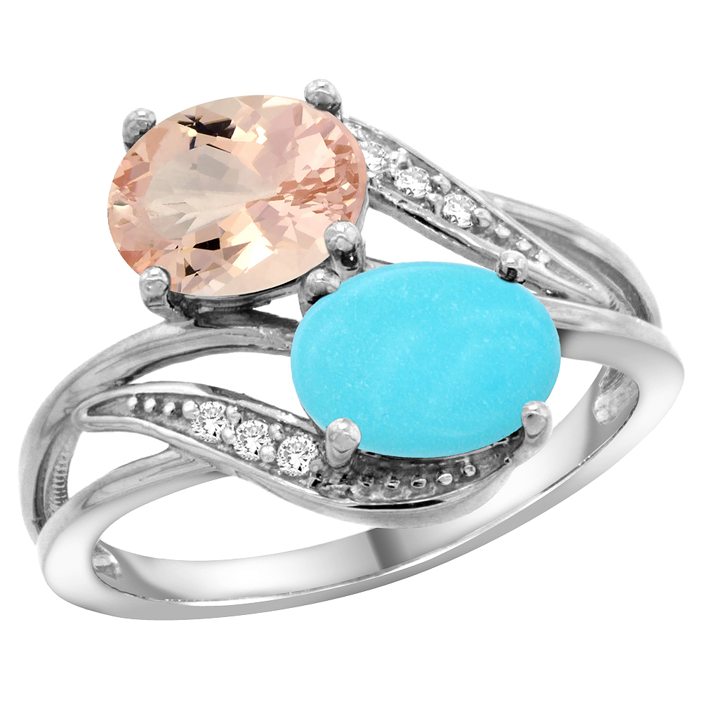 14K WHITE GOLD DIAMOND NATURAL MORGANITE & TURQUOISE 2-STONE RING OVAL 8X6MM, SIZES 5 - 10