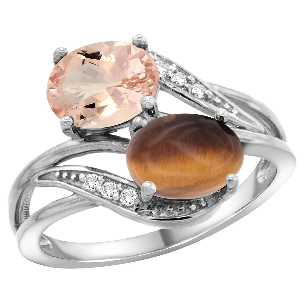 14K WHITE GOLD DIAMOND NATURAL MORGANITE & TIGER EYE 2-STONE RING OVAL 8X6MM, SIZES 5 - 10